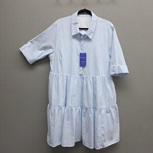 Chouyatou Shirt Dress Womens XL Blue Striped Button Front Tiered Lined Pockets